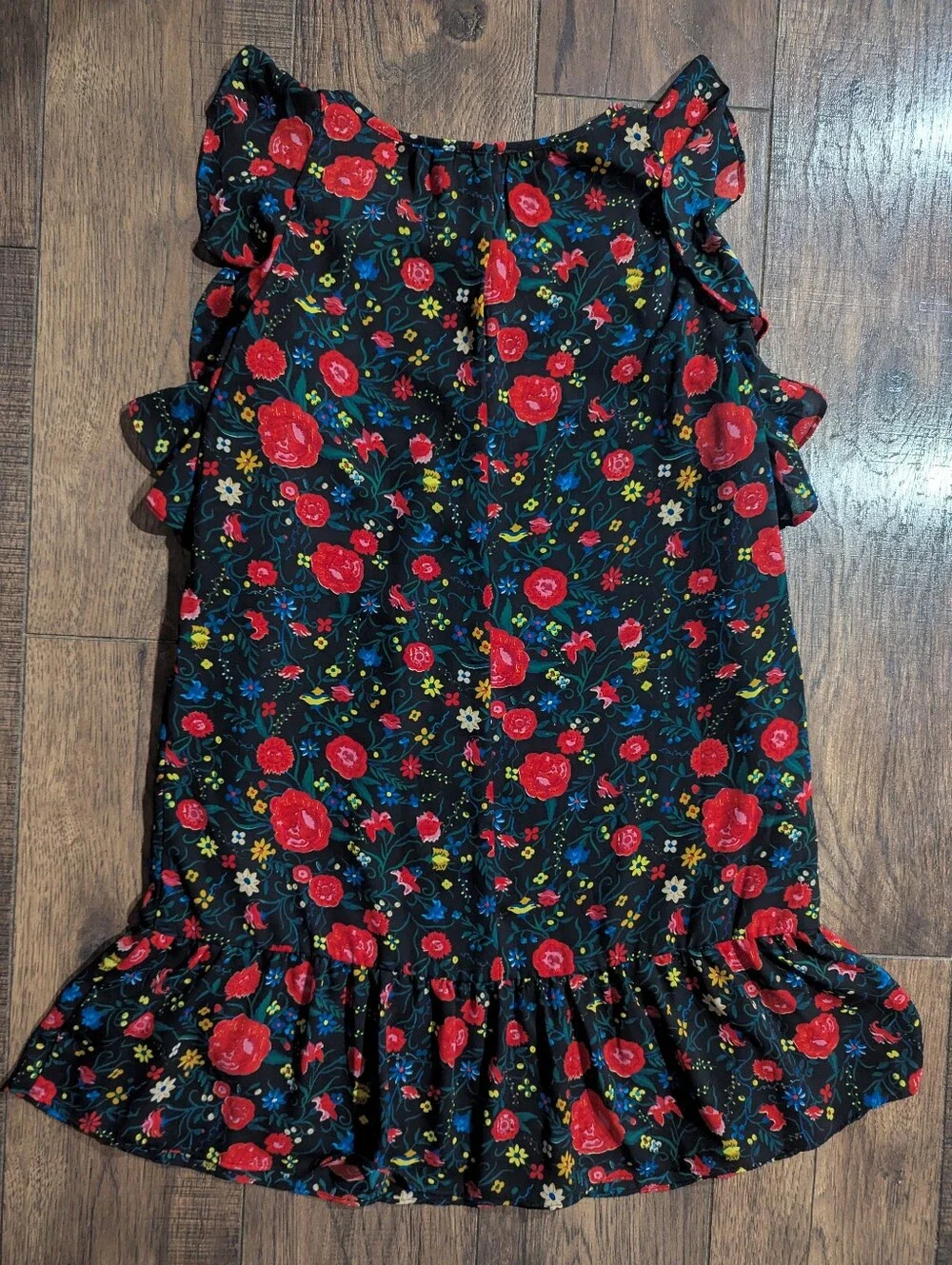 J Crew Black w/ Vibrant Red & Yellow Floral Print Flutter Mini Ruffle Dress Sz S